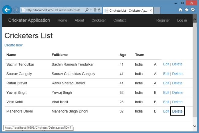 Delete Record in Web Forms